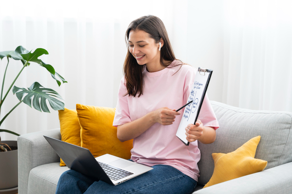 a woman sitting on a couch holding a clipboard and a laptop